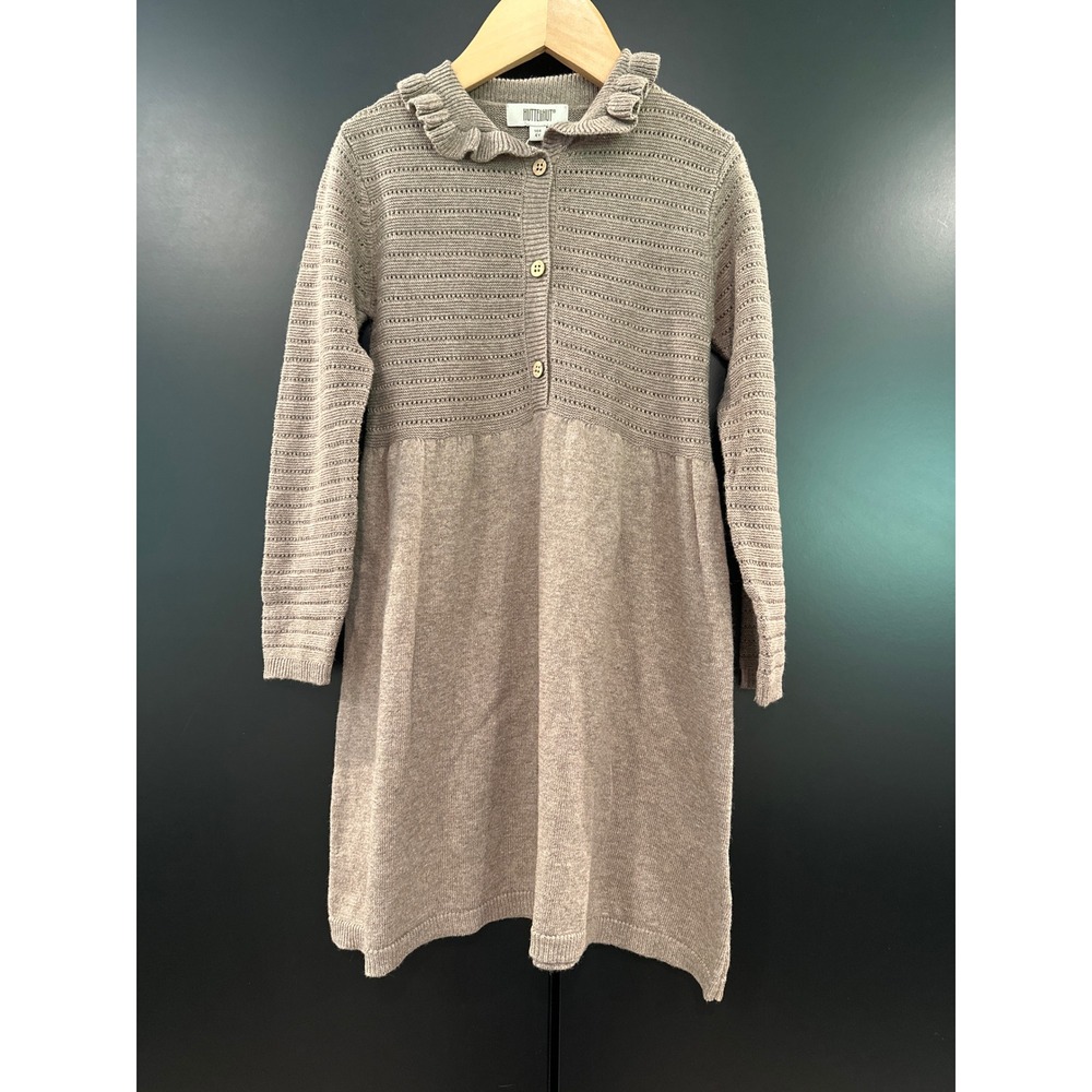 Huttelihut Girls Taupe Brown Knit Dress Ruffle Collar Cotton Wool Size 4Y 104